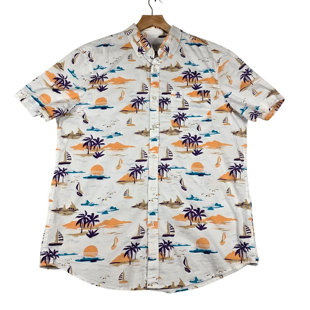 Original Penguin White Short Sleeve Sailboat Palm Button Down Shirt